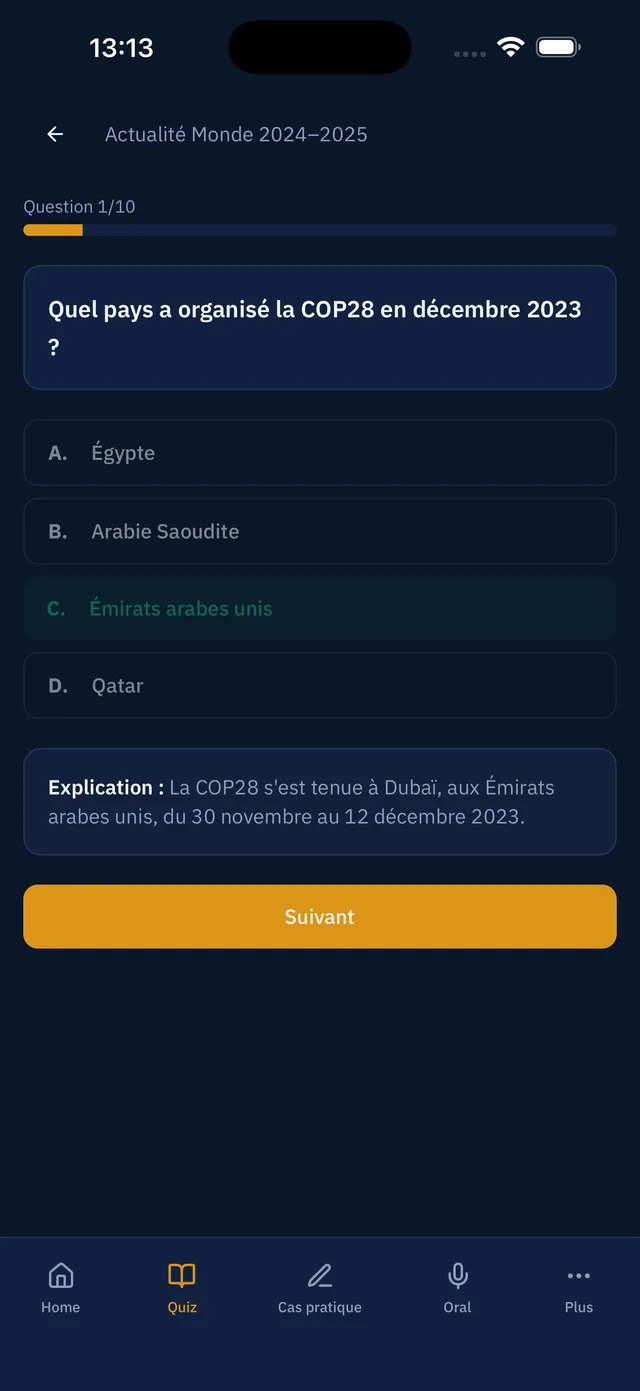 Écran de quiz de l'application montrant la bonne réponse surlignée et le bloc d'explication sous les propositions
