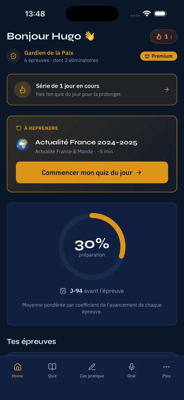 Écran d'accueil de l'application : jauge de préparation à 30 %, compte à rebours J-94 avant l'épreuve et quiz du jour